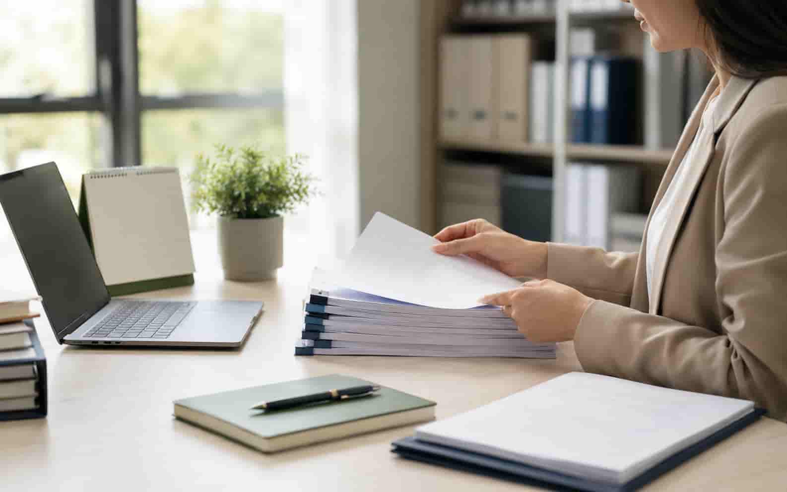 Geordnete Unterlagen, Laptop und Kalender zur Aktualisierung eines Verzeichniseintrags