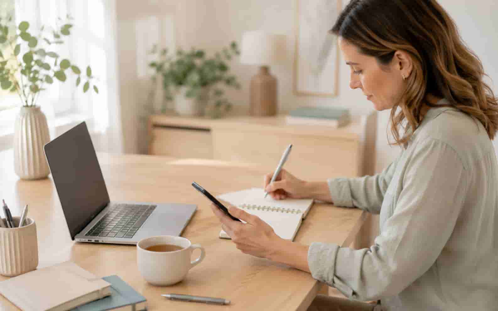 Laptop, Smartphone und Notizbuch als Symbol für Kontakt und Rückmeldung