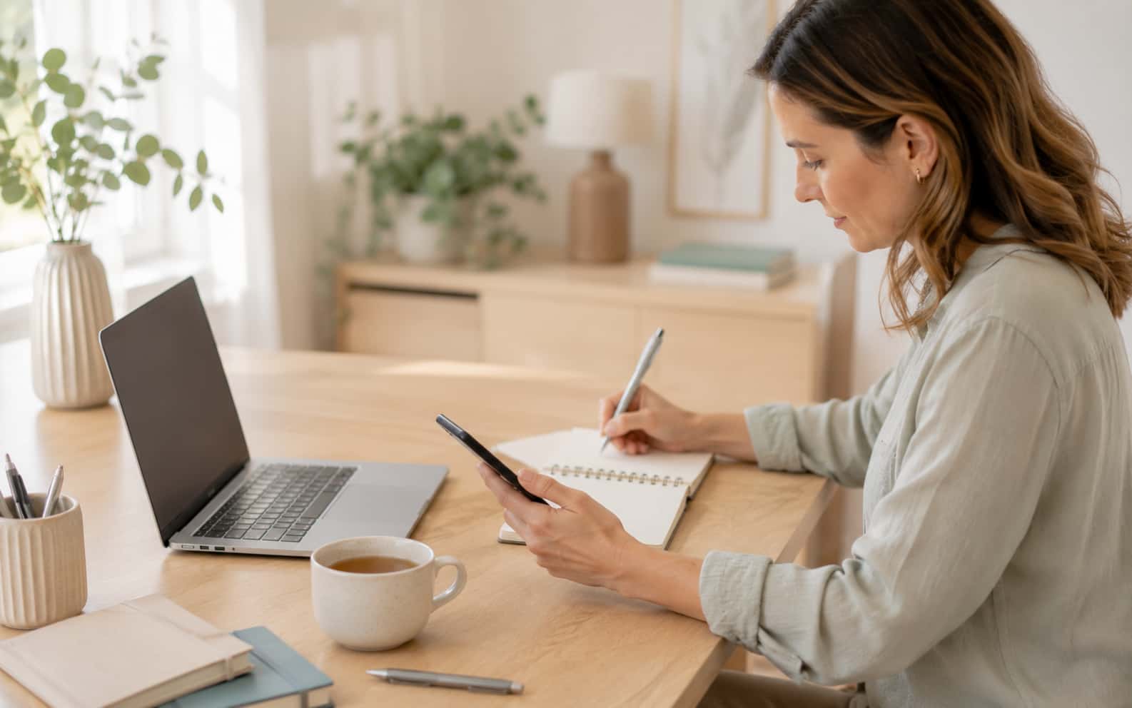 Heller Arbeitsplatz mit Laptop, Notizbuch und ruhiger Atmosphäre als Symbol für Kontakt und Rückmeldung
