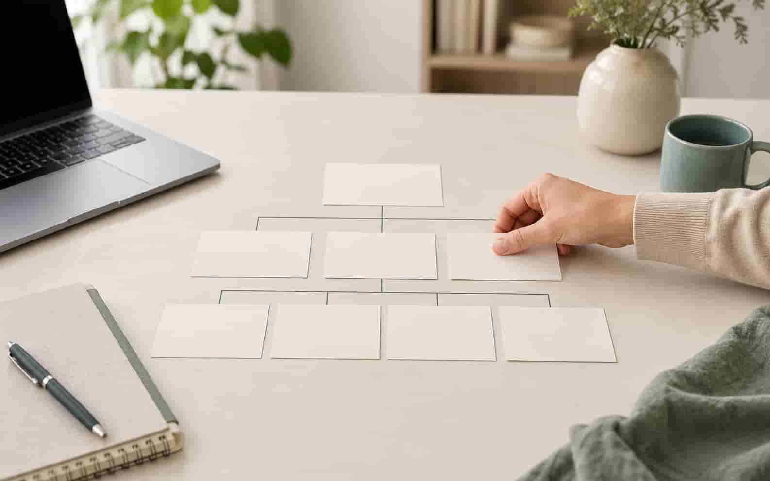 Karteikarten und Notizbuch als Symbol für verständlich sortierte Fragen