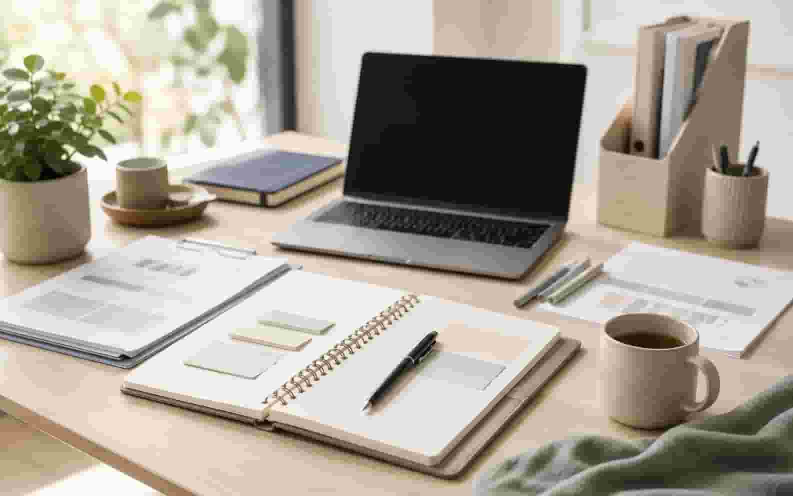 Geordneter Arbeitsplatz mit Notizbuch und Laptop als Symbol für klare Orientierung